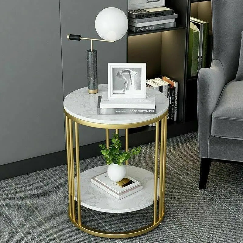 2-Tier Marble Side Table with Gold Frame