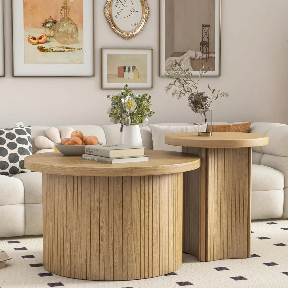 Round Nesting Coffee Table Set with Wood Finish