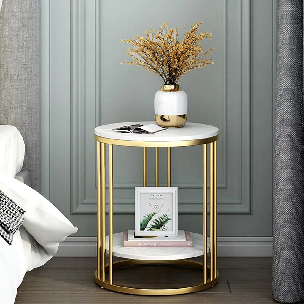 2-Tier Marble Side Table with Gold Frame