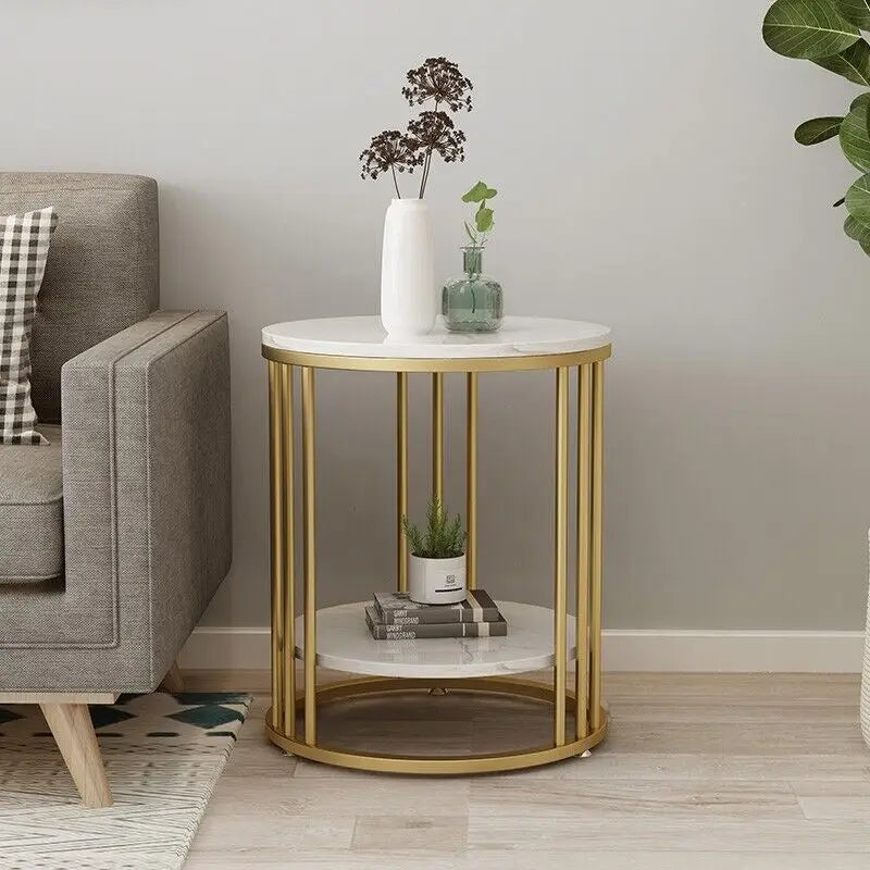 2-Tier Marble Side Table with Gold Frame