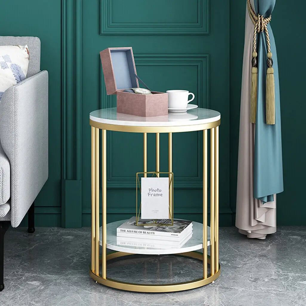 2-Tier Marble Side Table with Gold Frame