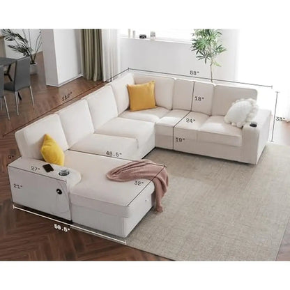 Beige Corduroy U-Shaped 7-Seater Sofa