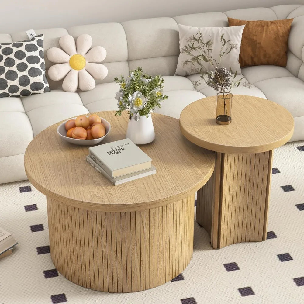 Round Nesting Coffee Table Set with Wood Finish